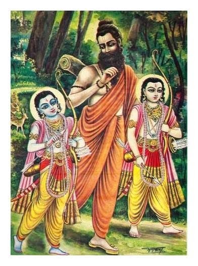 Rama and Lakshmana with Vishwamitra in the forest