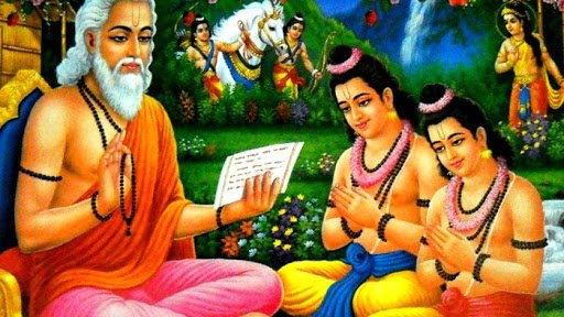 Valmiki teaching Ramayana to Lava and Kusha