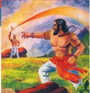 Vishwamitra attacking Vasishta. Vasishta defending with Brahmadanda