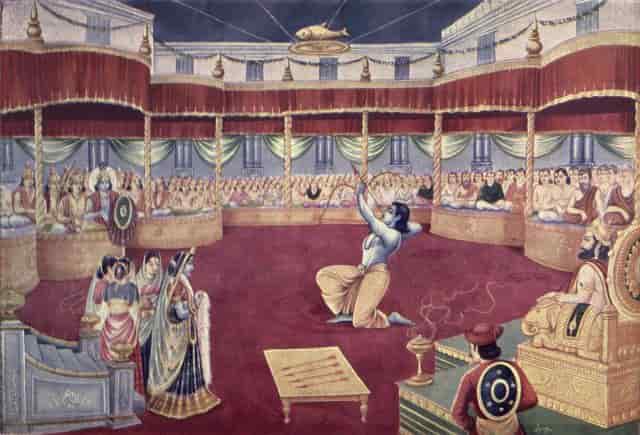 Arjuna attending Draupadi Swayamvar and winning it